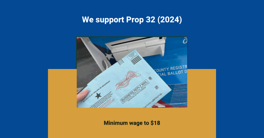 Graphic stating We support Prop 32 (2024)