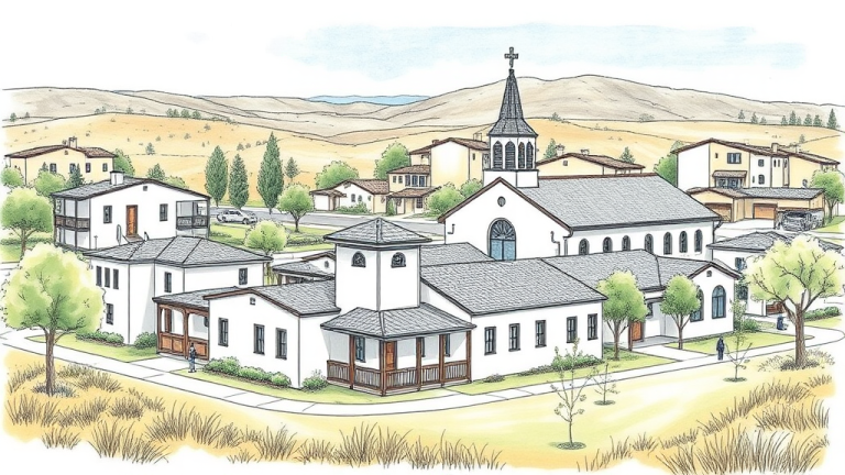 Color drawing of a Church in the California countryside with apartment housing on its property.