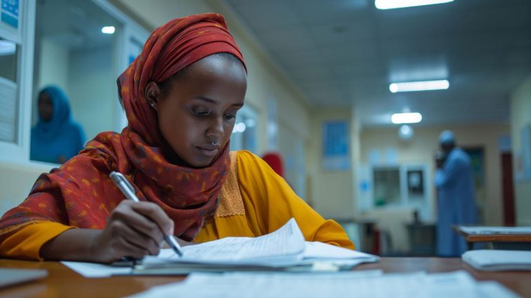 Immigrant woman completing a form in a hospital